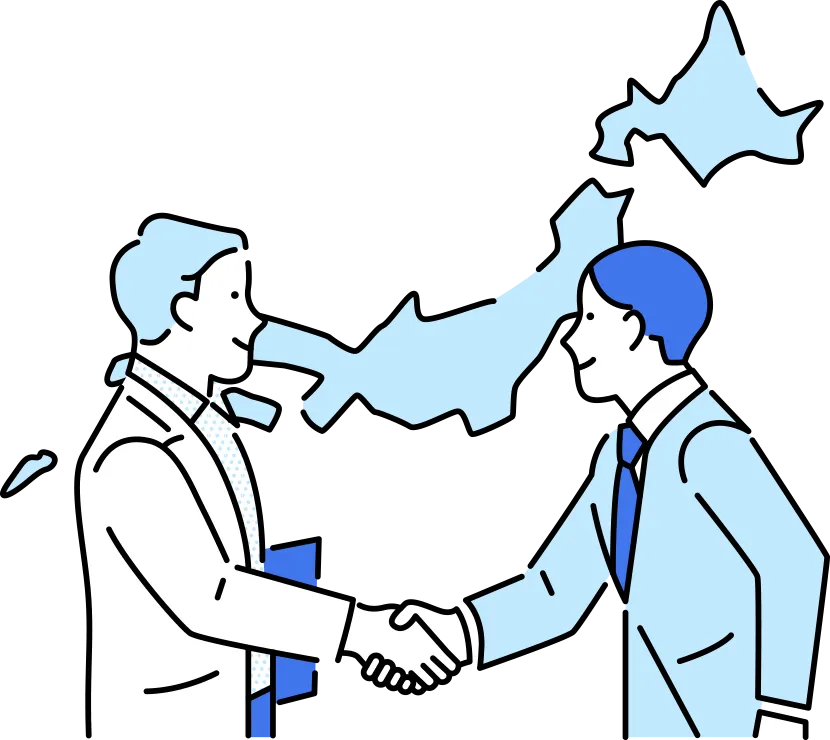 白衣を着た男性とすると姿の男性が握手している画像