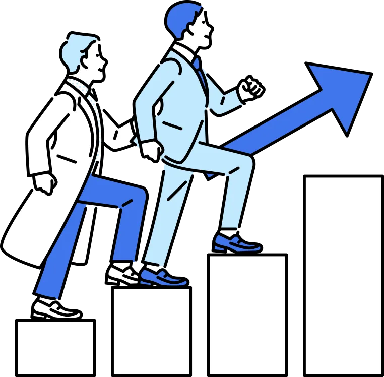 着実に階段を上っていく2人の男性の画像